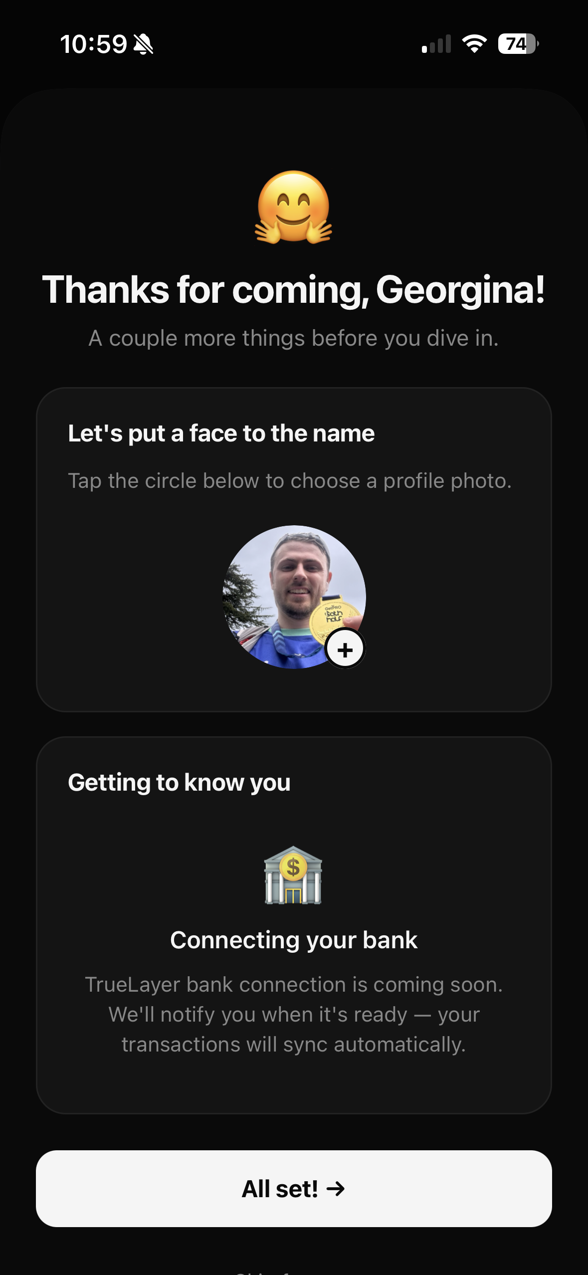 Elaira onboarding completion screen - Thanks for coming, Georgina! with profile photo and bank connection status