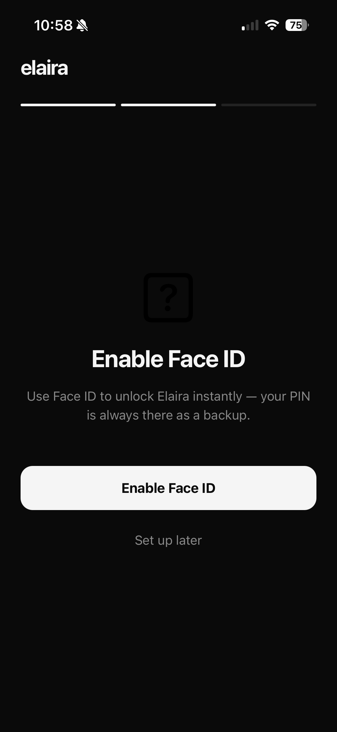 Elaira onboarding step 2 - Enable Face ID screen with option to set up later