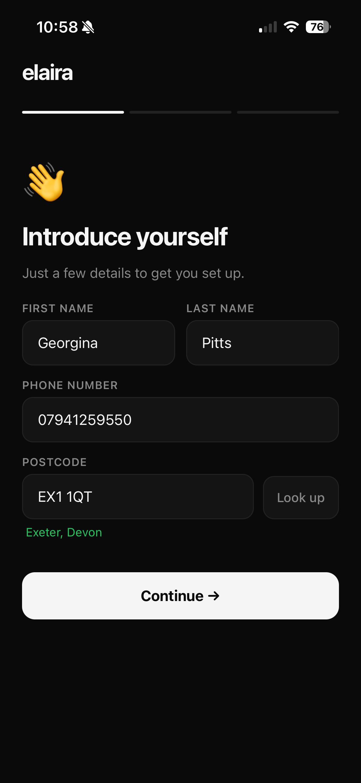 Elaira onboarding step 1 - Introduce yourself, with name, phone number and postcode fields