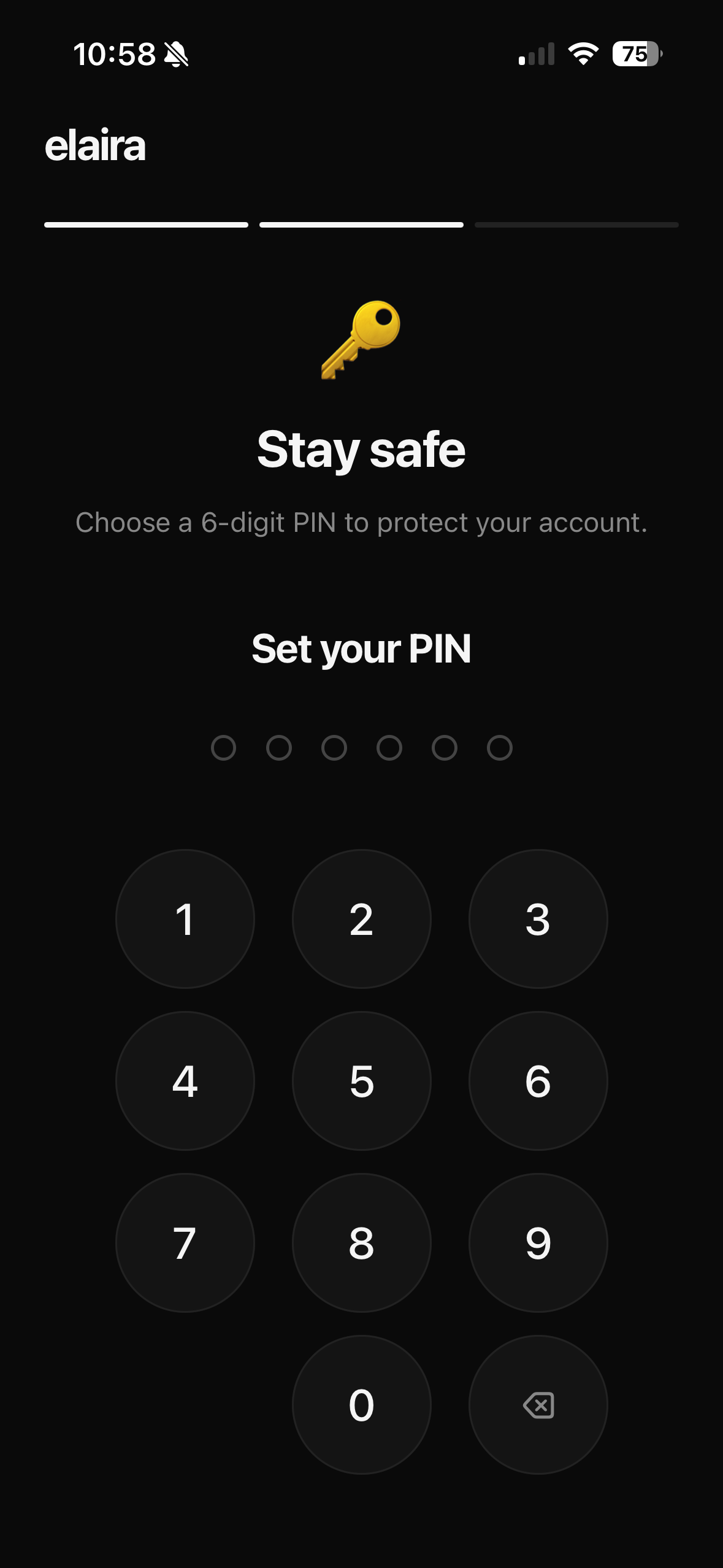 Elaira onboarding step 2 - Stay safe, showing a 6-digit PIN entry screen with number pad