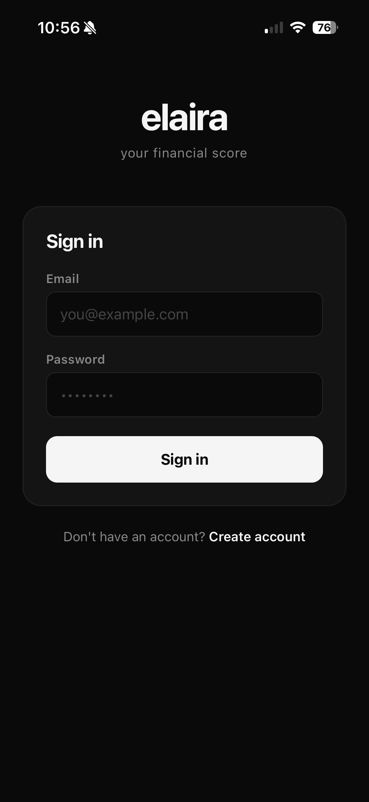 Elaira sign in screen with email and password fields on a dark background