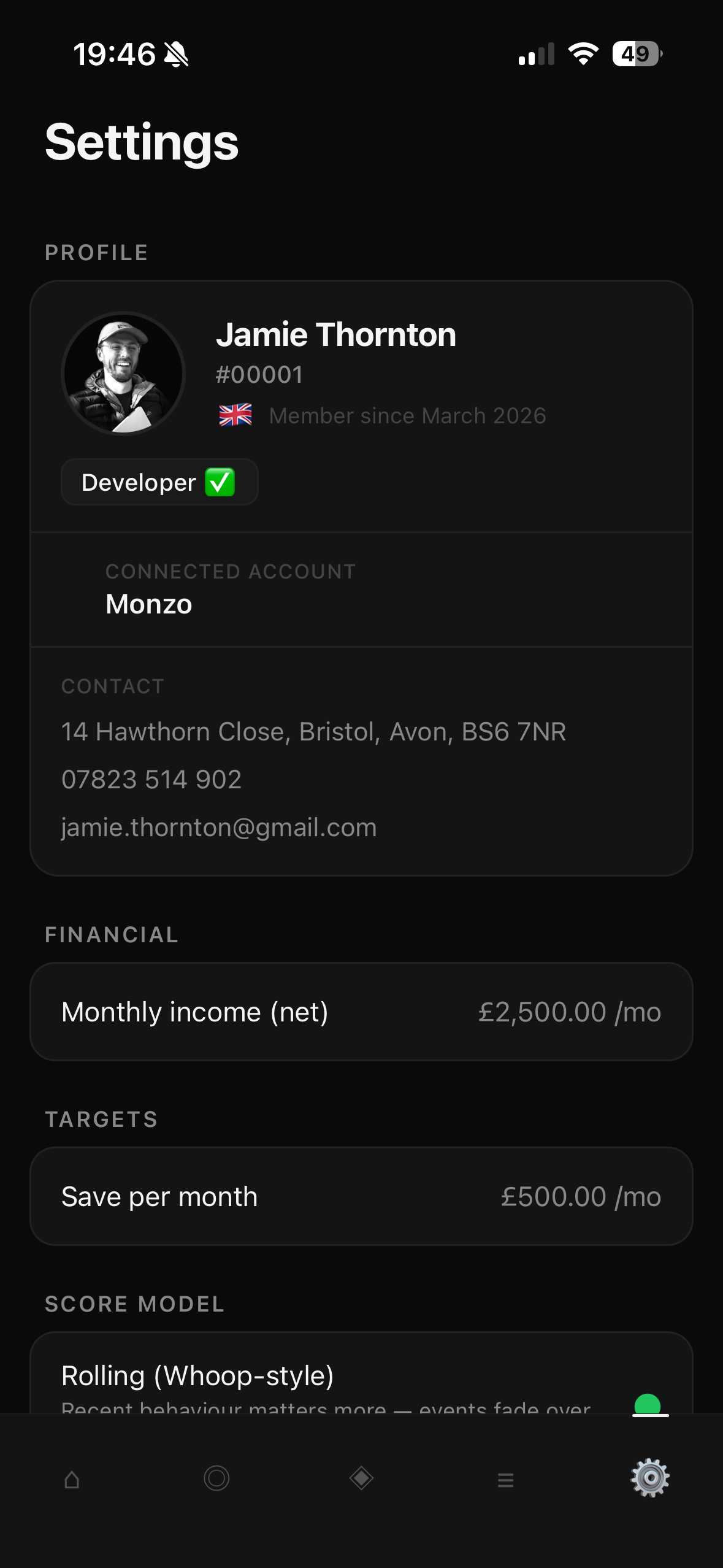 Elaira settings screen showing profile, connected Monzo account, monthly income of £2,500, savings target of £500, and rolling Whoop-style score model