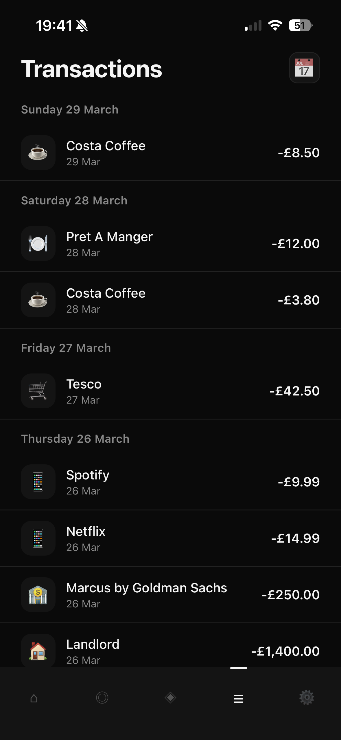 Elaira transactions screen showing recent spending across Costa Coffee, Pret A Manger, Tesco, Spotify, Netflix, Marcus by Goldman Sachs and rent