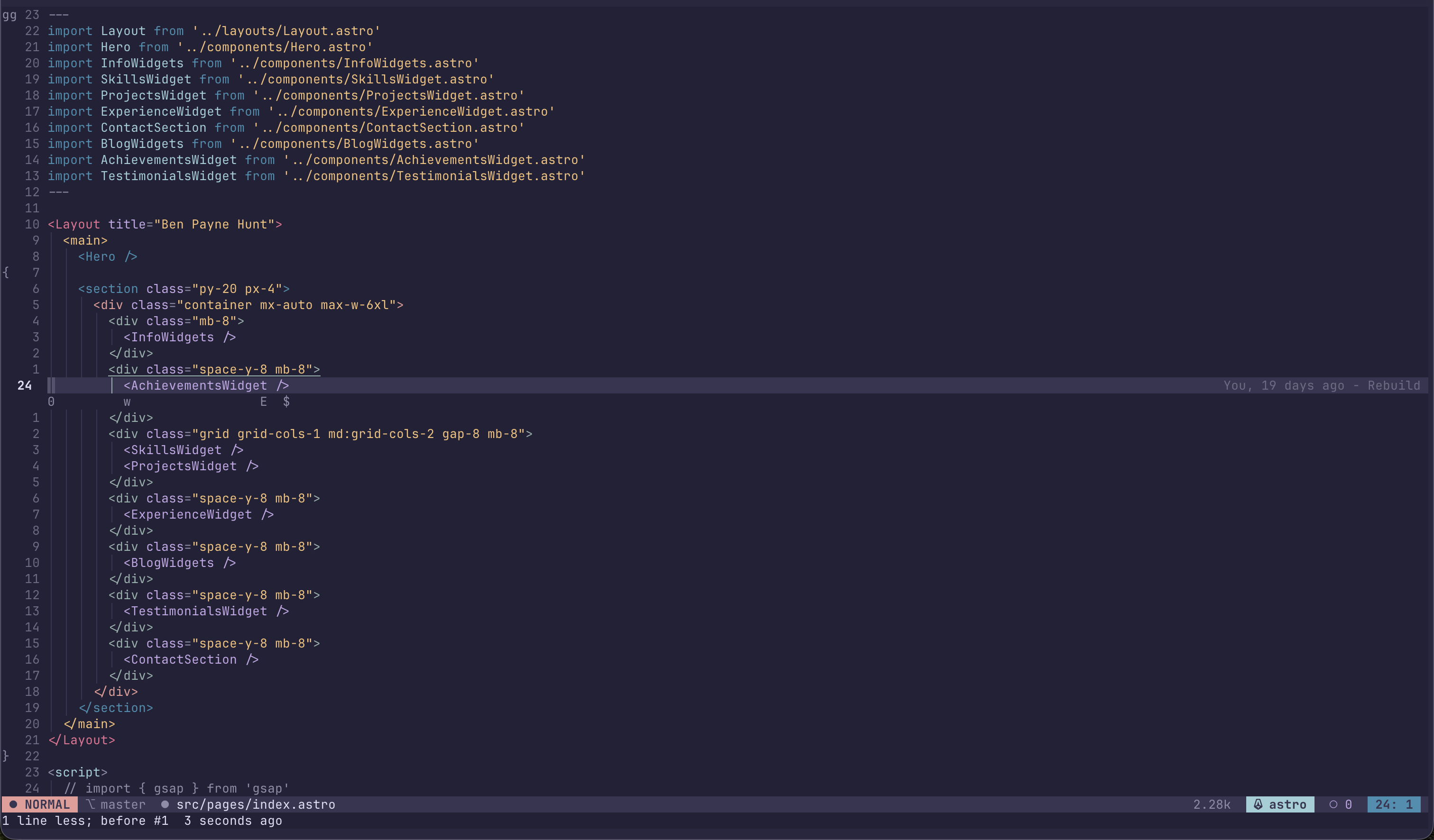 Neovim config open in editor showing the custom statusline